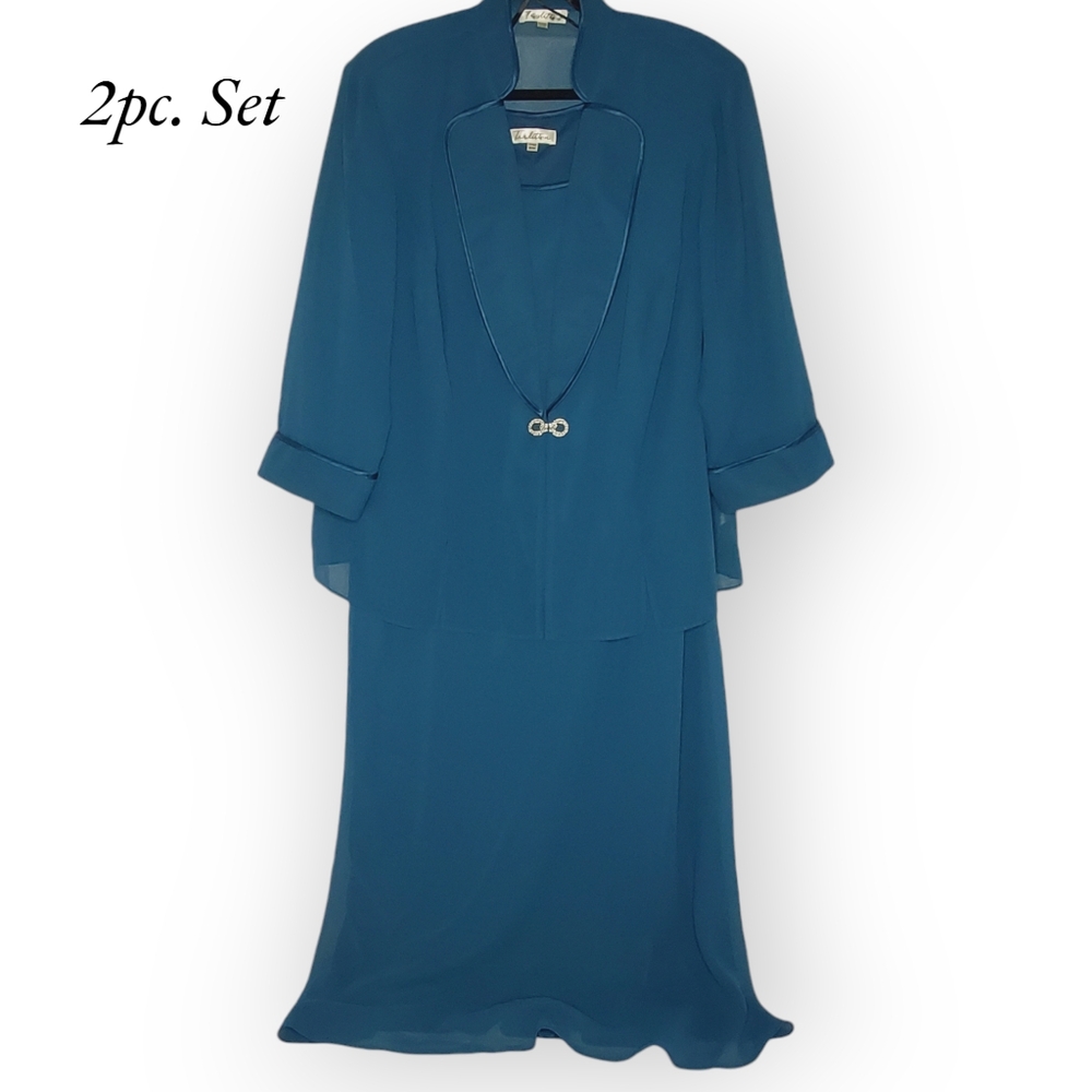 2pc Set Tradition Turquoise Chiffon Wrap Over Sleeveless Dress